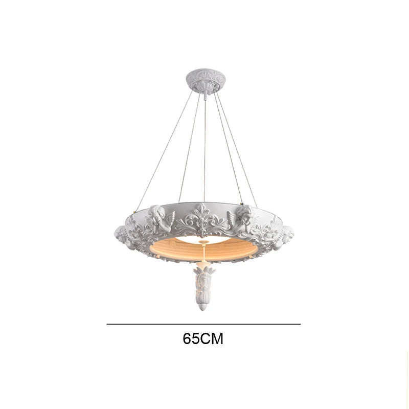 65cm carved plaster chandelier - french farmhouse ceiling light with floral and angel details, 30W LED illumination.