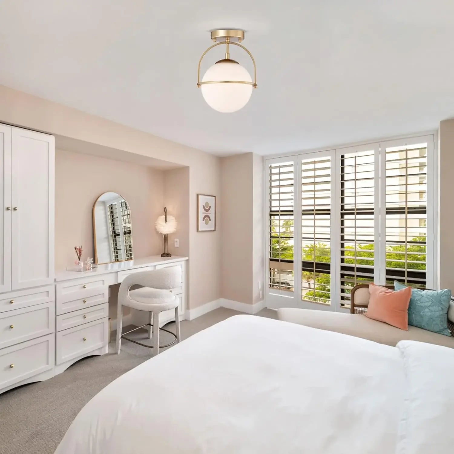 Modern Nordic milky glass ceiling lamp installed in a cozy bedroom, enhancing soft lighting and elegant interior design.