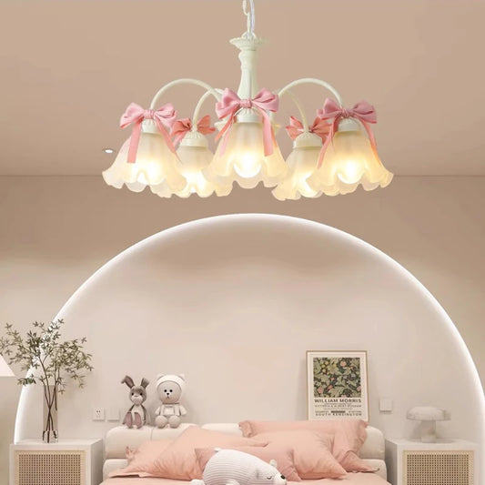 Princess chandelier pink bow - modern bedroom ceiling light with scalloped glass shades and pink ribbons, ideal for kids' or girls' rooms.