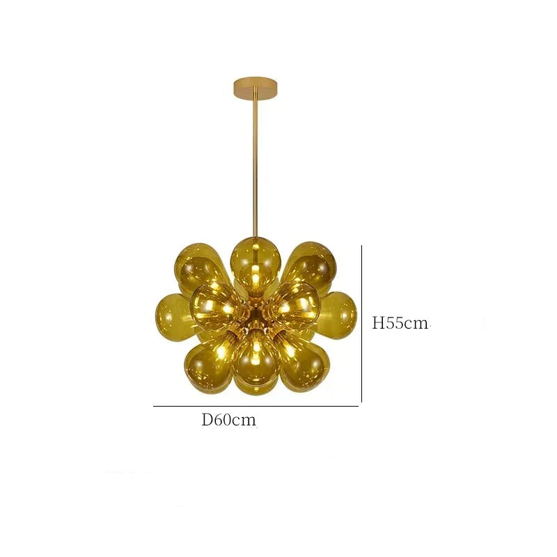 Amber Scandinavian chandelier with 18 bulbs, 60cm diameter, made of iron and glass, ideal for modern pendant lighting.