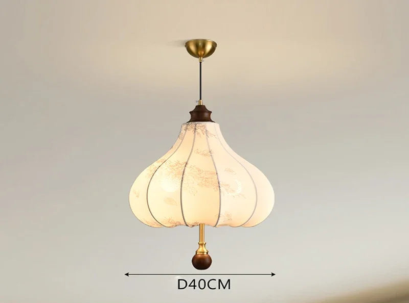 Nordic Pendant Light with teardrop floral cloth shade and wood accent, ideal for LED lighting in elegant interiors.