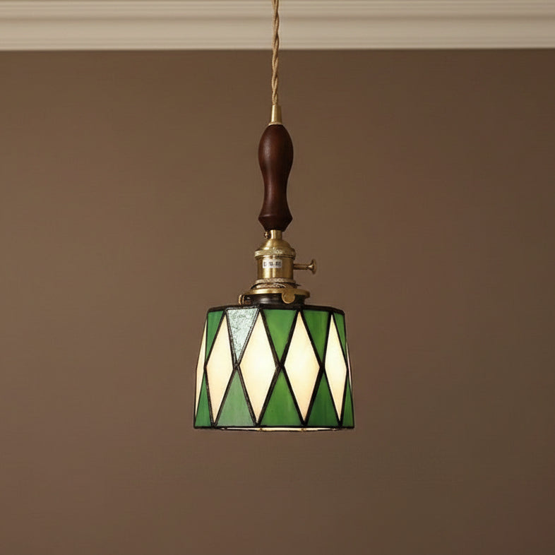 French vintage wood brass glass pendant light