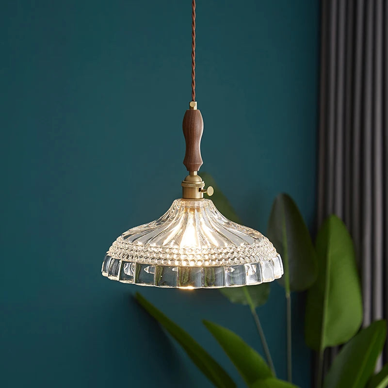 LUXELY vintage taklampa i trä och glas