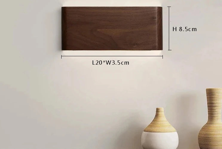 Wall-mounted wooden LED light with dimensions, complementing the LUXELY ceiling lamp series for cohesive home lighting design.