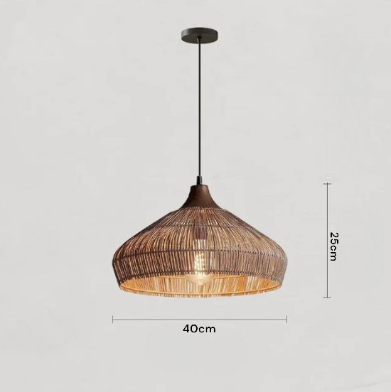 Brown rattan pendant light with wood top, 40cm wide and 25cm tall, ideal for cozy kitchen or coffee shop lighting.