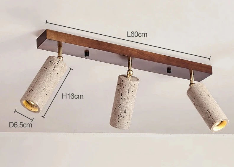 Dark wood version of LUXELY 3-head spotlight ceiling lamp with stone lights, labeled with dimensions for accurate ceiling fitting.