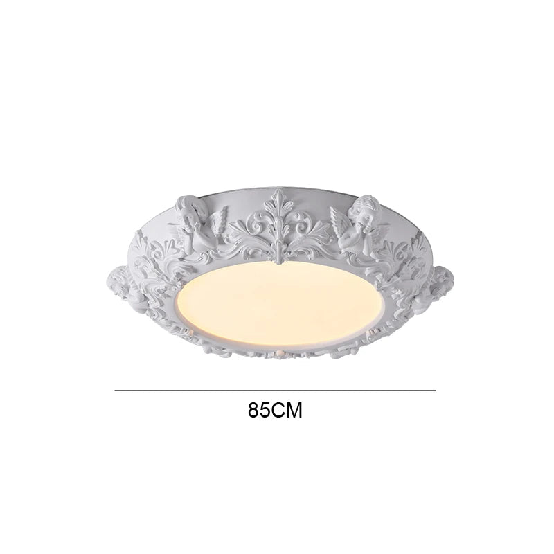 85cm angelic carved plaster chandelier - french farmhouse ceiling light with 60W LED and adjustable hanging wires.