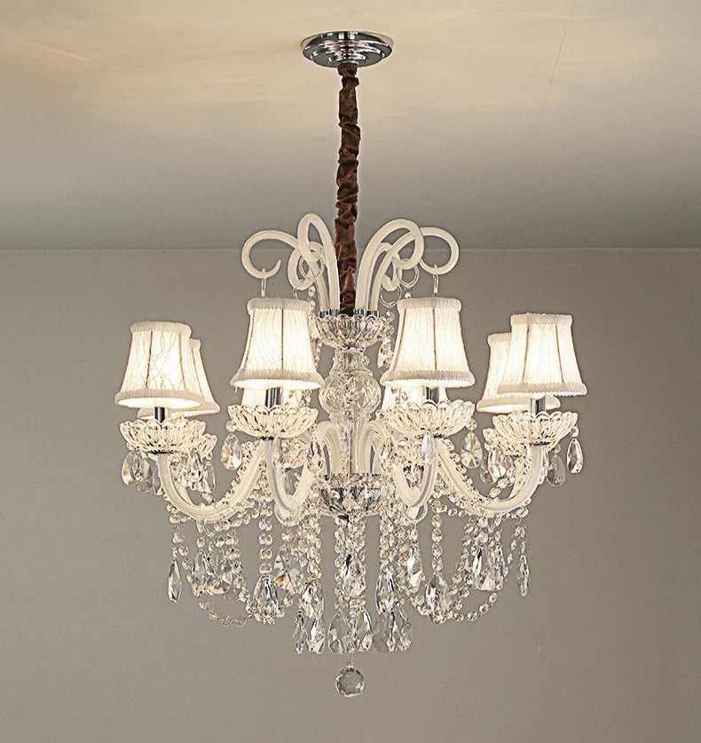Nordic Crystal Chandelier - 8-Head Pendant Light with white fabric lampshades and crystal embellishments for luxurious home lighting.