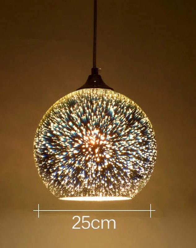 Glass 3D Fireworks Pendant Light - LED Stylish Design in 25cm spherical size, glowing with golden fireworks pattern.