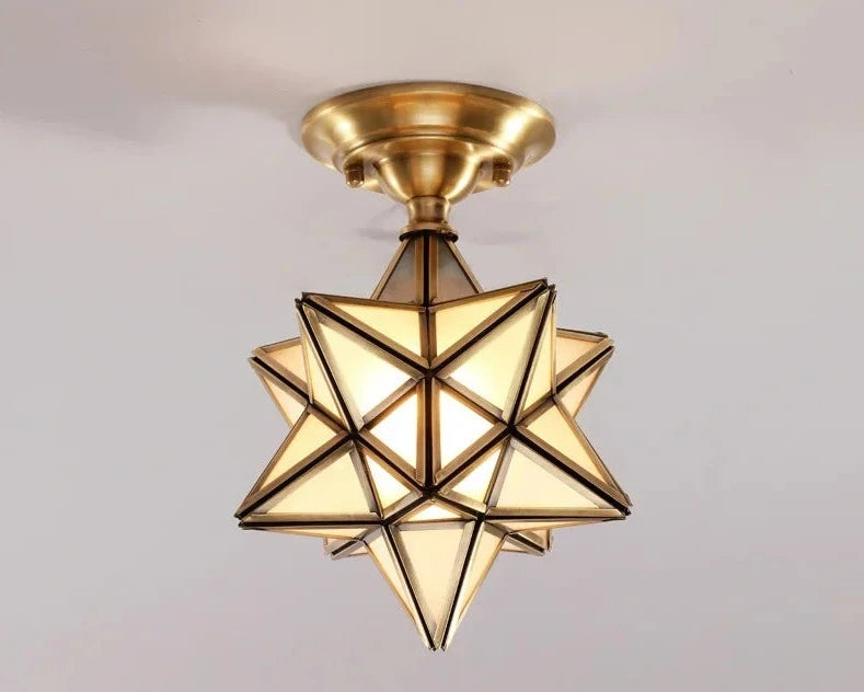 Warm-lit geometric copper ceiling light with frosted glass, perfect for cozy and stylish room lighting.