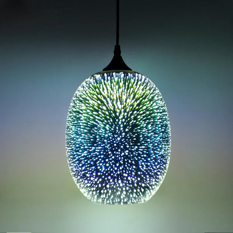 Glass 3D Fireworks Pendant Light - LED Stylish Design in an oval shape, emitting vibrant LED light with a fireworks pattern.