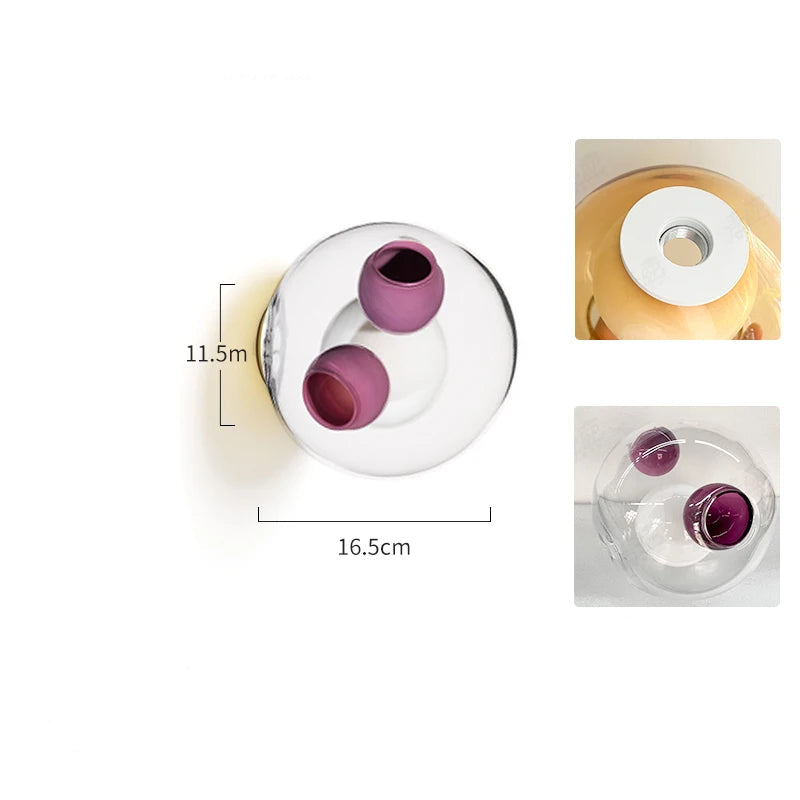 Clear and purple glass LED wall light with Italian design, combining elegance and color for modern bedroom or café lighting.