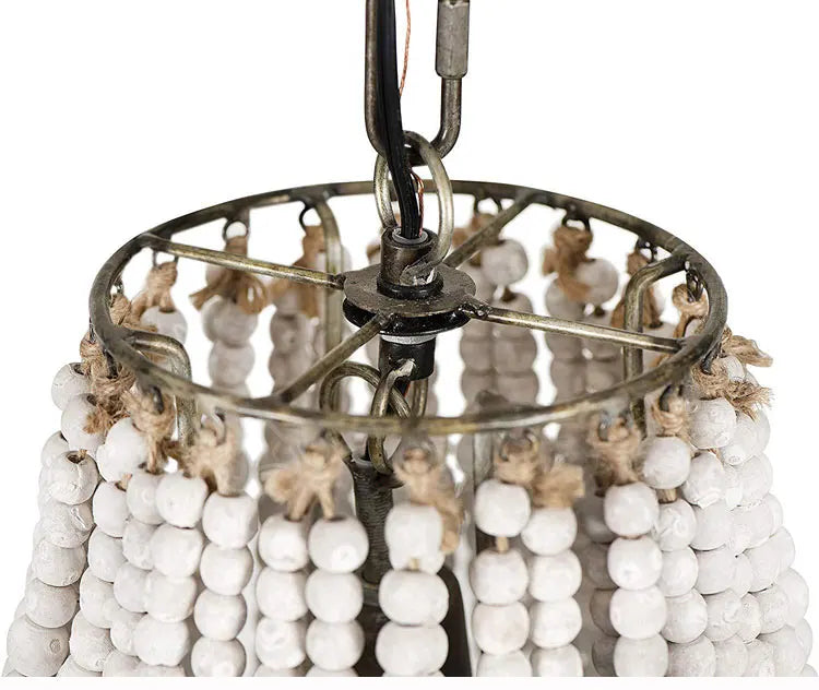 Close-up of the top metal frame and hanging chain of the Bohemian Bead Chandelier, showcasing durable rustic construction.