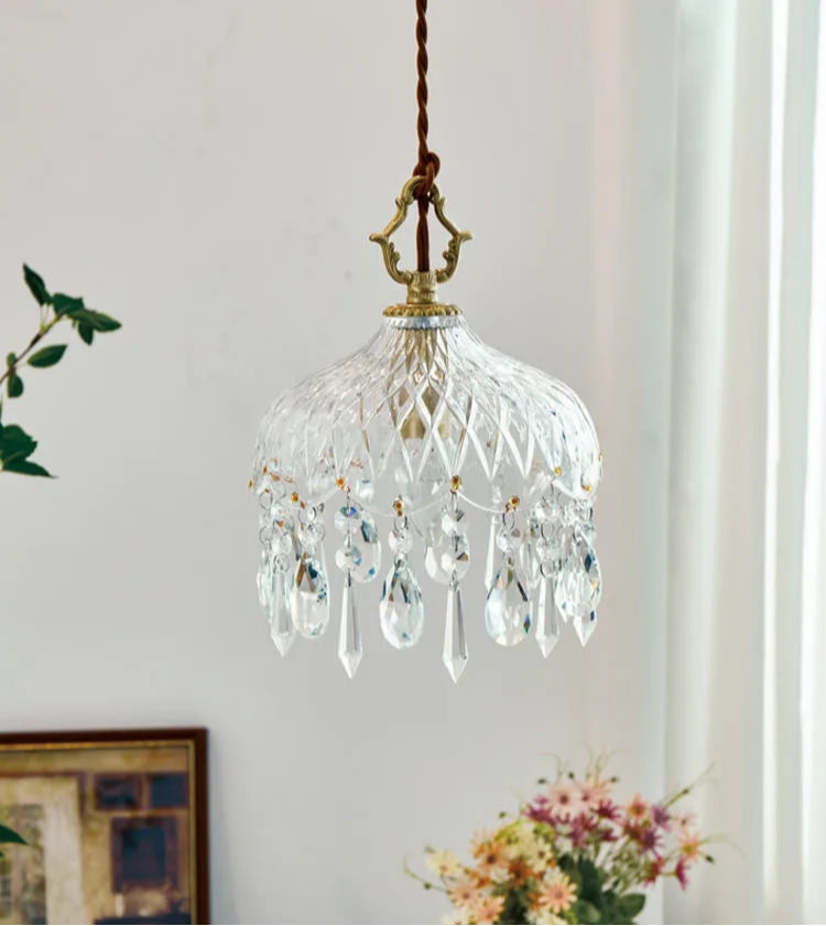 French Vintage Crystal Chandelier - Copper Hanging Lamp with diamond-cut glass and crystal drops for refined home lighting.