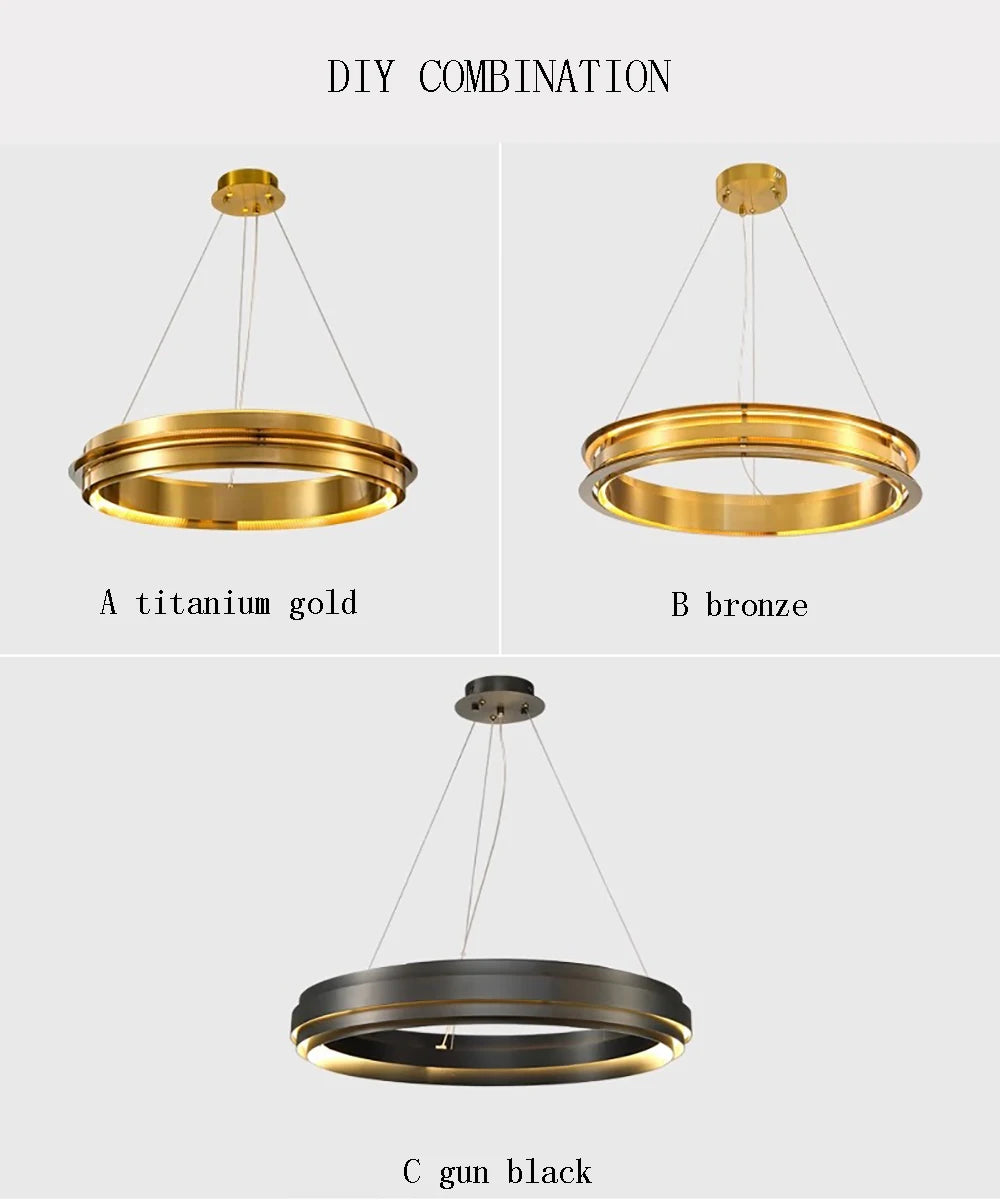 DIY combination of LED ring chandeliers in titanium gold, bronze, and gun black finishes for customizable ceiling lighting.