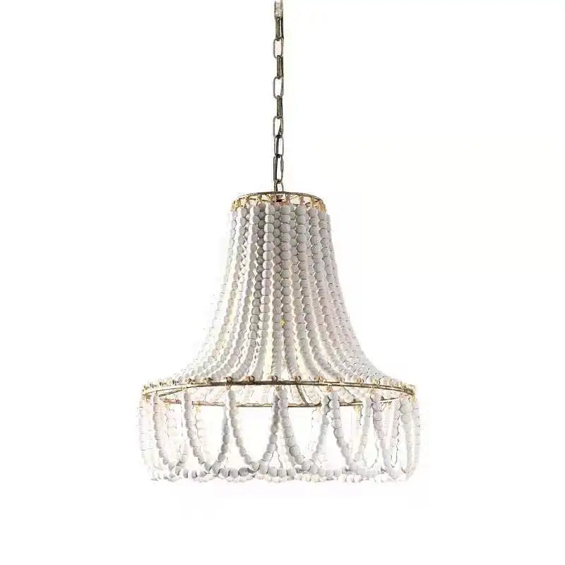 Full view of Bohemian Wooden Bead Chandelier with cascading white beads and rustic metal frame, perfect for home lighting decor.