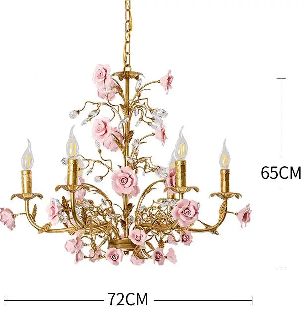 72cm vintage ceramic chandelier with soft pink roses and ornate gold arms, a French ceiling light for romantic interior design.
