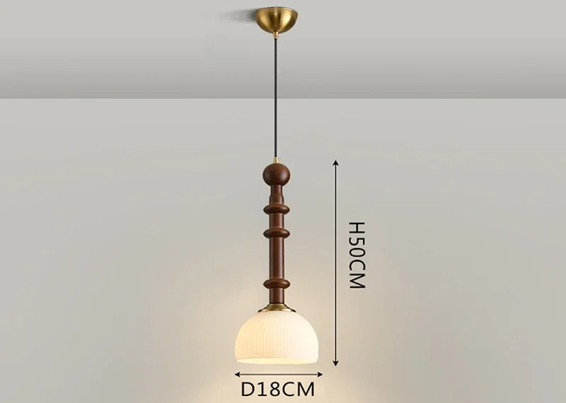 Compact Nordic Pendant Light with ribbed glass shade and wood stem, perfect for LED lighting in small spaces.