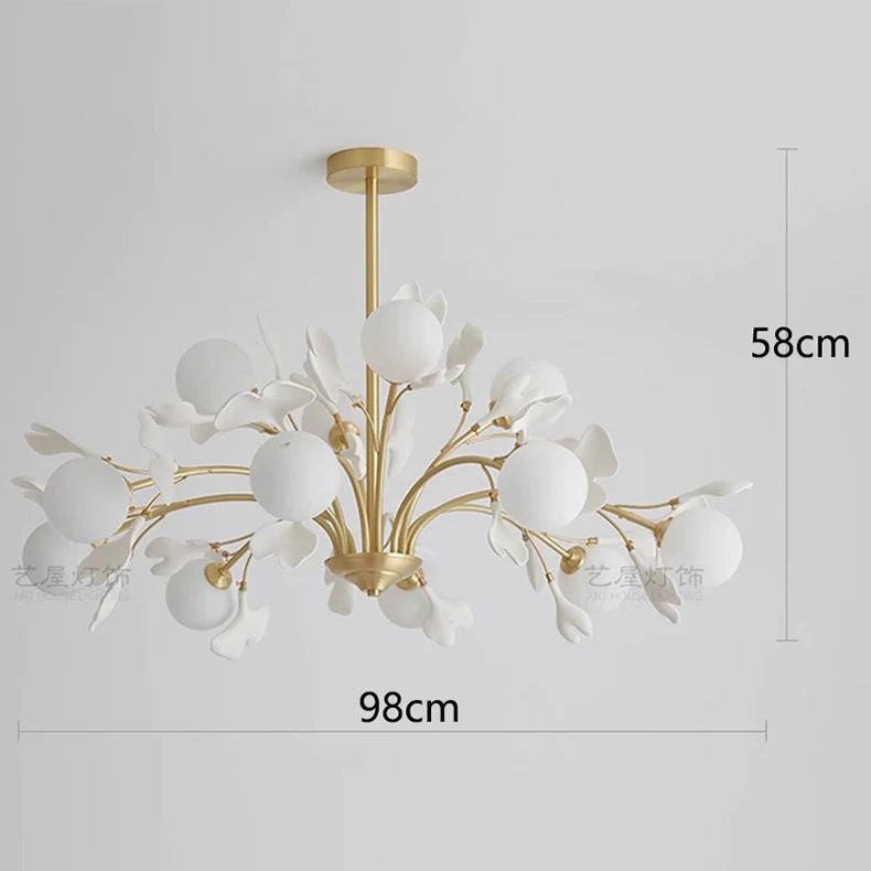 Large 98cm modern pendant light with 58cm height, featuring floral glass shades and gold frame for spacious dining areas.
