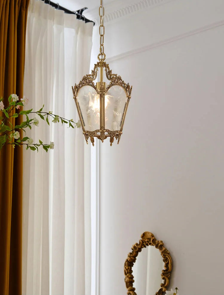 Elegant French retro chandelier with copper frame and textured glass, suspended in a bright room. Ideal for balconies or bedrooms.