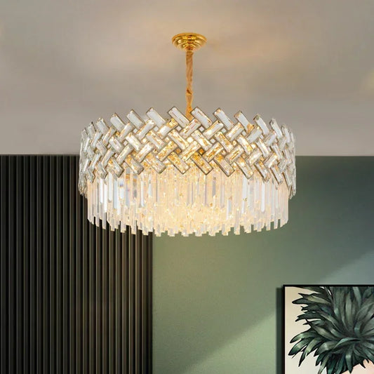 Modern crystal chandelier - luxury large round ceiling light with gold accents and layered crystal prisms, ideal for upscale living rooms or dining areas.