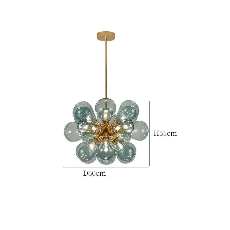 Blue Scandinavian glass chandelier with 18 bulbs, 60cm diameter, gold finish, perfect for modern interiors.