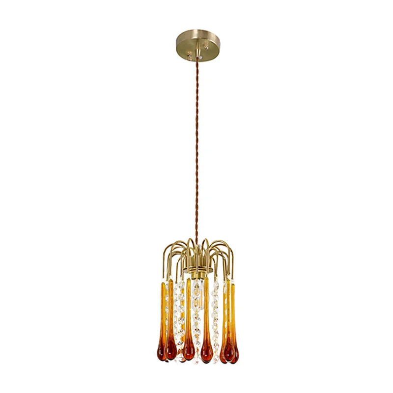 Vintage copper pendant chandelier with amber and clear glass drops, suitable for modern and classic home interiors.