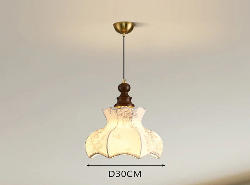 Nordic Pendant Light with vintage floral cloth shade and wood top, ideal for LED lighting in small dining or study spaces.
