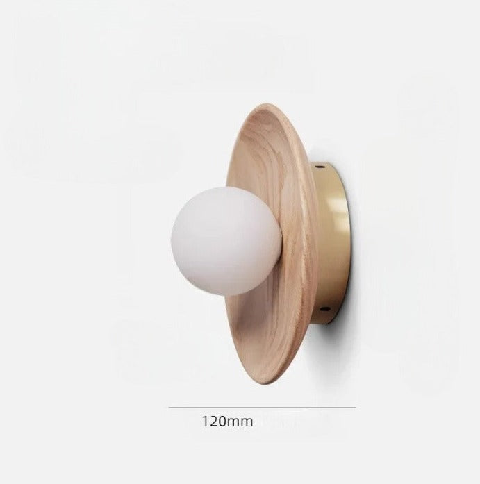 120mm light wood wall sconce with brass accent and frosted globe, perfect for Nordic-style home lighting.