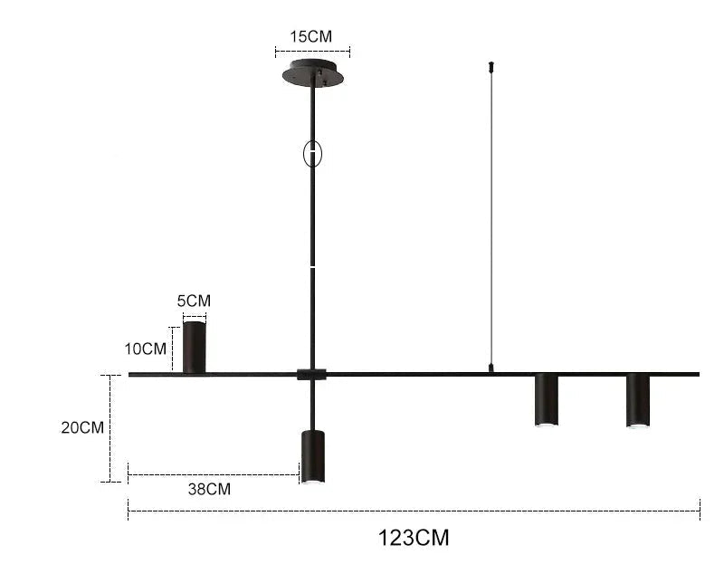 Three-head black modern minimalist spotlight bar ceiling light with LED bulbs and installation measurements.