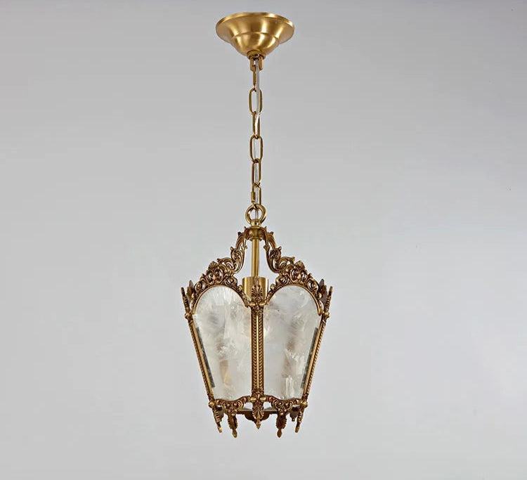 French retro chandelier with copper finish and ice flower glass, shown unlit. Compact and elegant lighting for small rooms.