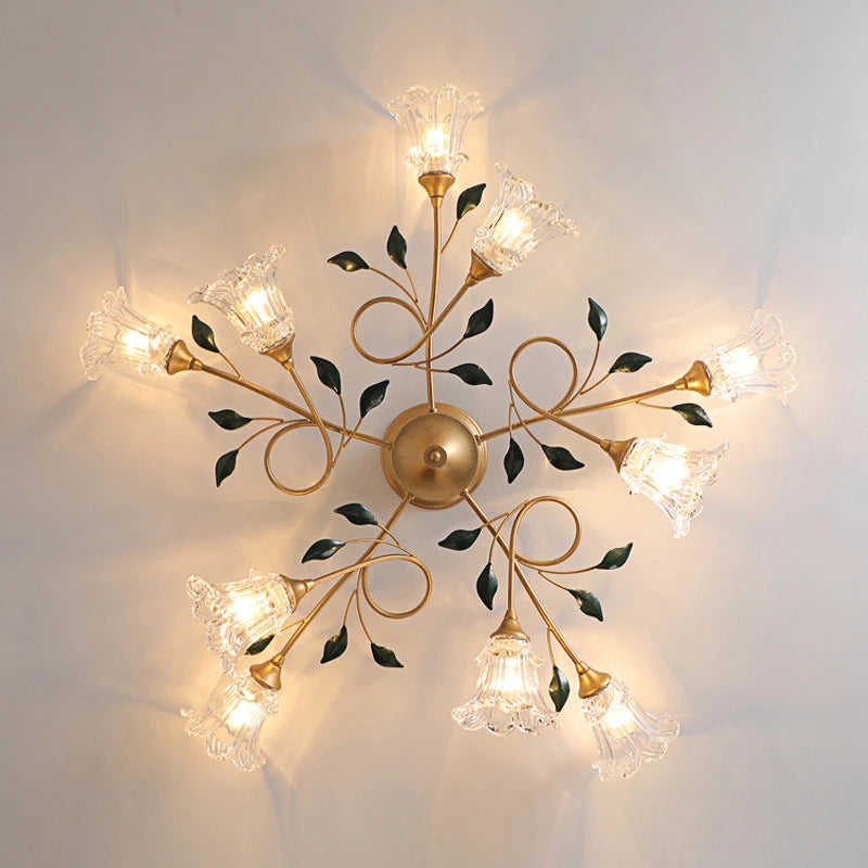Top view of French Floral Ceiling Light showing symmetrical 10-head glass flower layout with gold and green leaf accents.