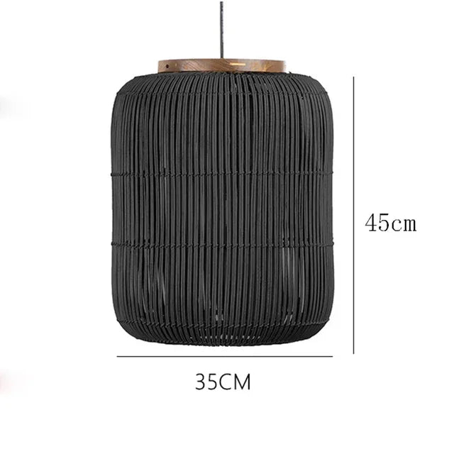 Black medium cylindrical rattan pendant light with wood top, 45cm tall, perfect for modern pendant bar or restaurant use.