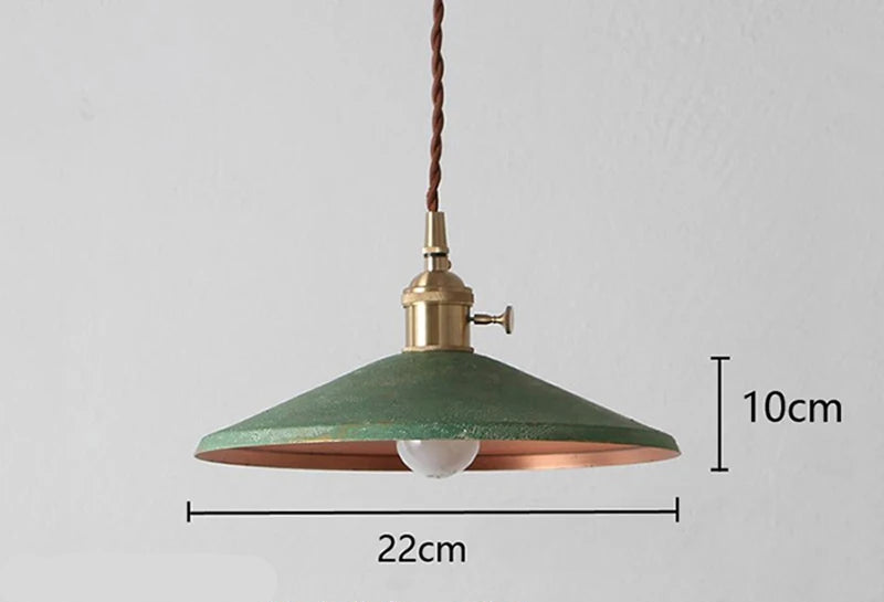 Green Industrial Brass Pendant Light with dimensions 22cm x 10cm, ideal for compact retro lighting installations.