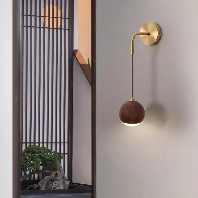 LUXELY walnut wood round ball wall light wabi-sabi modern
