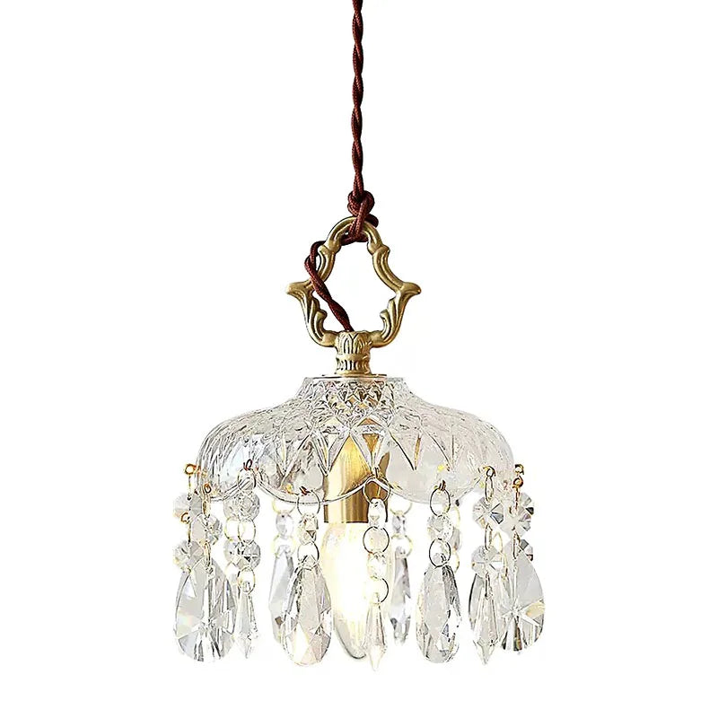 French Vintage Crystal Chandelier - Copper Hanging Lamp with clear crystal drops and twisted cord, ideal for vintage-inspired interiors.