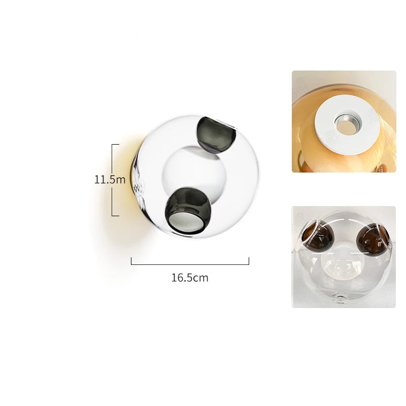 Clear and gray Italian designer glass wall light with LED bulb, offering a sleek modern look for bedroom or café décor.