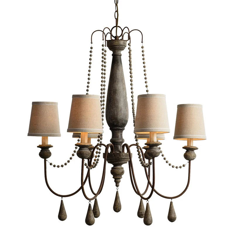 Elegant Retro Princess Chandelier featuring rustic wood finish, curved arms, and soft fabric shades for classic home lighting ambiance.