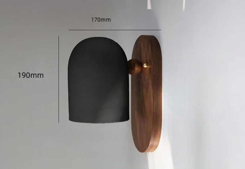 Black dome walnut wood wall sconce with dimensions 170mm x 190mm, perfect for minimalist lighting in modern spaces.