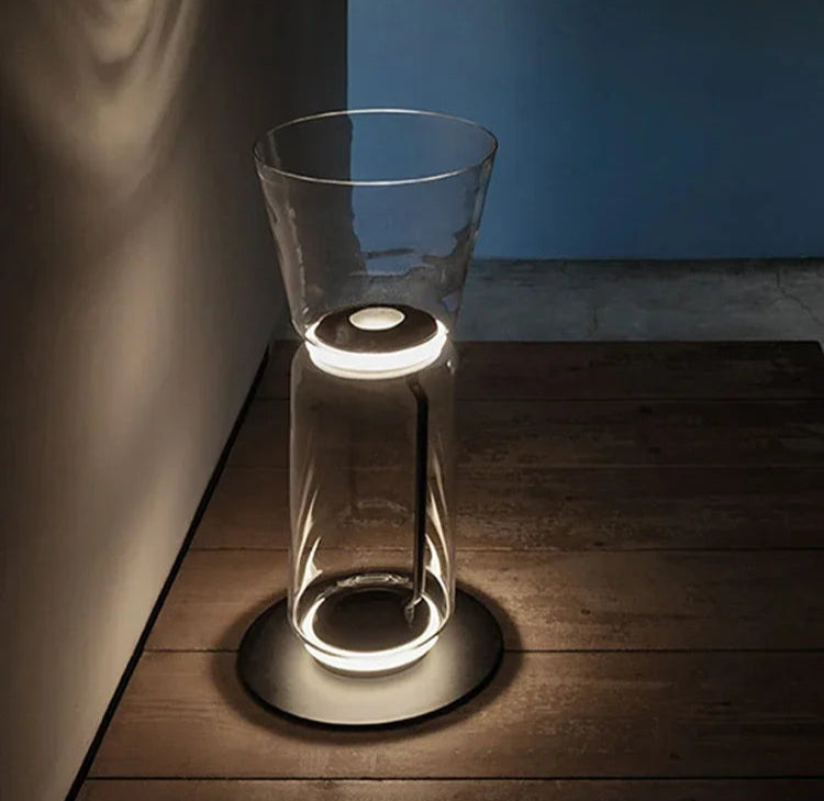 Compact Italian glass floor lamp – modern minimalist nordic design with LED lighting and clear glass, ideal for cozy corners.
