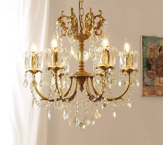 Copper Crystal Chandelier - European Lighting for Villas with ornate gold frame and crystal drops, ideal for luxury home interiors.