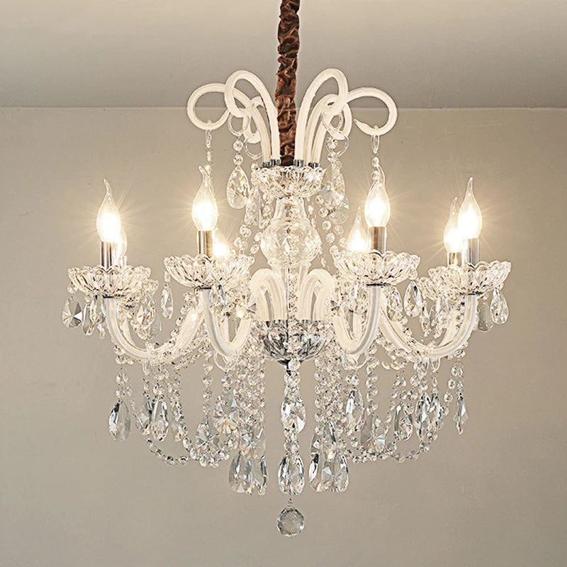 Luxury Nordic Crystal Chandelier with 8 exposed LED bulbs and cascading crystals, ideal for duplex apartments and villas.
