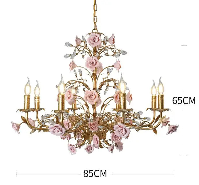 85cm vintage ceramic chandelier with light pink roses and LED bulbs, French ceiling light for large spaces like boutiques or dining rooms.