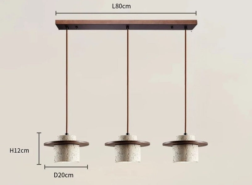 Triple Japanese travertine pendant light by LUXELY with dark wood accents, 80cm wide, ideal for modern home lighting design.