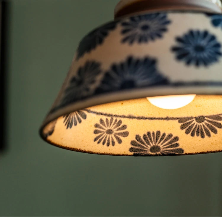 Interior view of Retro Chinese Porcelain Pendant Light showing LED bulb and floral pattern. Warm light for ambient settings.