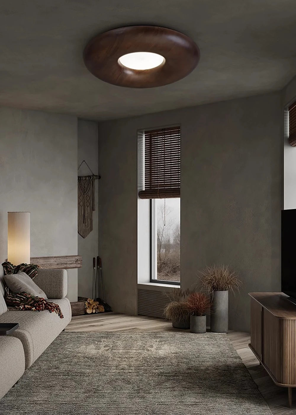 Dark wood LUXELY ceiling lamp in a cozy living room, ideal for creating a warm and inviting atmosphere with LED lighting.
