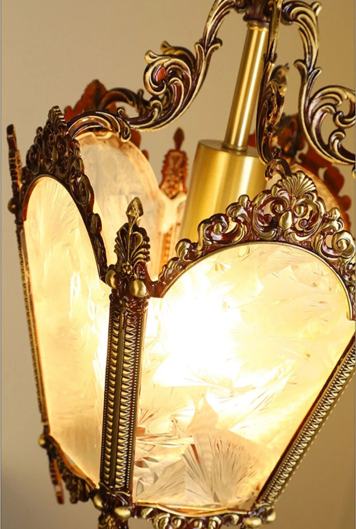 French retro chandelier with copper frame and frosted glass panels. LED lighting offers energy efficiency and long lifespan.