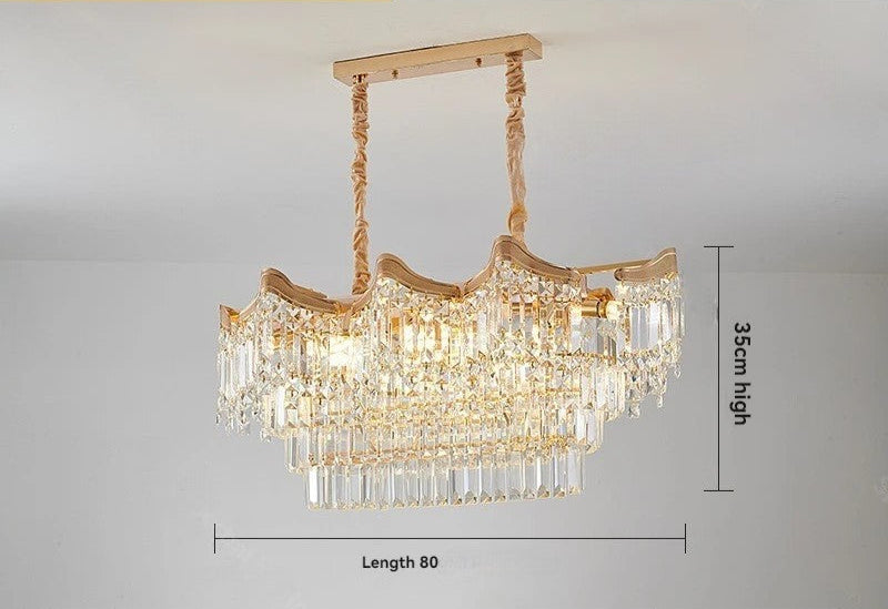 Lampadario rettangolare in cristallo francese con lunghezza di 80 cm e altezza di 35 cm, ideale per illuminare sale da pranzo o cucine.