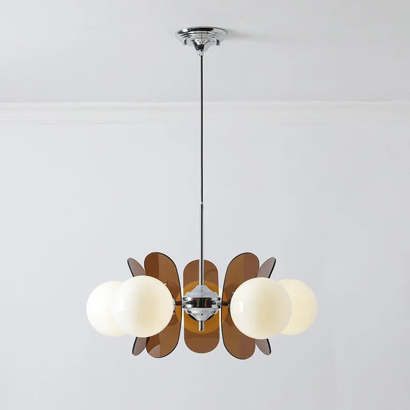 Bauhaus retro chandelier with dark brown acrylic panels and LED globes, ideal for dining room ceiling light or restaurant decor.