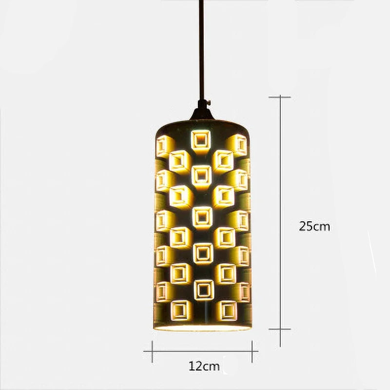 Glass 3D Fireworks Pendant Light - LED Stylish Design in 25cm cylindrical shape with geometric LED cube pattern.